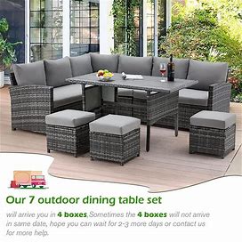 AECOJOY 7 Pieces Outdoor Conversation Set Wicker Sectional Sofa Couch Dining Table Chair With Ottoman And Throw Pillows - Grey