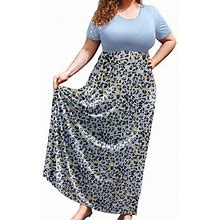Showmall Plus Size Summer Maxi Dress For Women Colorful Leopard Spots 2X Short Sleeve Crewneck Casual Beach Bohemian Full-Length Long Sun Dresses With