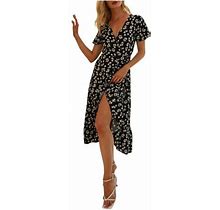 Summer Dresses 2023 Maxi Floral Print Bohemian V-Neck A-Line Short Sleeve Maxi Dress With Sleeves Casual Black S