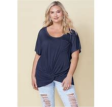 Women's Twisted Knot Detail Tee Tops Solid Knit - Navy, Size 1X By Venus
