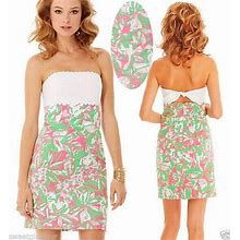 Lilly Pulitzer 0 Xs Hotti Pink Green Floral Dress Empire Tie Back Strapless Wow