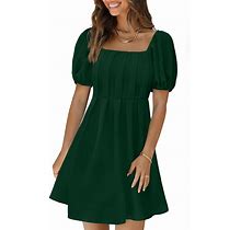 XIEERDUO Womens Square Neck Chest Pleated A-Line Dress Casual Back Smocked Puff Sleeve Mini Dresses
