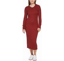 Calvin Klein Jeans Women's Ribbed Long Sleeve Crewneck Side Slit Dress - Syrah
