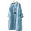 Uoozee Women's Vintage Corduroy Short Dress Long Sleeve Split-Joint Mini Dresses Sky Blue L