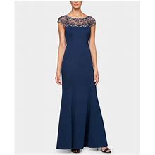 Alex Evenings Women's Navy Embellished Zippered Lined Cap Sleeve Crew Neck Full-Length Evening Gown Dress Size 10