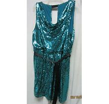 Green Sequined Drape Neck Lined Sleeveless A-Line Prom Dress Plus Size