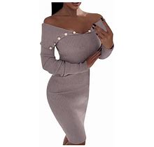 Vbarhmqrt Casual Dresses For Women 2024 Plus Size Women Casual Solid Knit Dress Zipper V-Neck Cold Shoulder Long Sleeve Mini Slim Pullover Dress Black