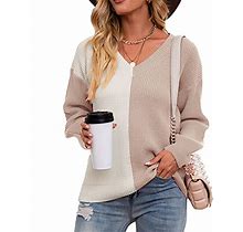 Womens Sweaters Women Casual V Neck Pullover Knitted Tops Loose Fashion Sweater Beige & Khaki M