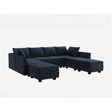 HONBAY Velvet Modular Sofa 6-Seat+1-Side Armrest+2-Ottoman With Storage Seater, Dark Blue