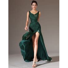Emerald Green V Neck Beaded Long Organza Prom Dress With Split