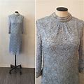Vera Beaded Dress| Vintage Pastel Blue Pear Beaded Sheath Dress| 1960'S Beaded Silver Lace Mod Shift Dress