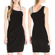 S.L. Fashions Black Rhinestone Strap 1-Shoulder Draped Stretch Jersey Dress