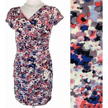Msk Dresses | Msk Floral Faux Wrap Surplice Neckline Cap Sleeve Sheath Petite Dress Sz Medium | Color: Blue/Pink | Size: Mp