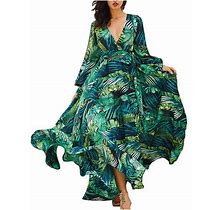 Women's Summer Maxi Long Dresses Palm Leaf Print V Neck Long Sleeve Tie Waist Floor-Length Dresses Casual Boho Maxi Dresses