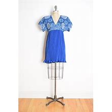 Vintage 80S Dress Blue Metallic Lace Pleated Babydoll Cocktail Party Mini M