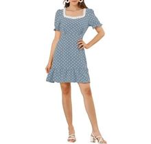 Moda Nova Junior's Dots Print Square Neck Short Sleeve Ruffle Hem A Line Dress Blue XXL