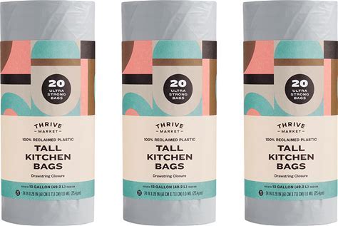 Thrive Market 100% Reclaimed Plastic Tall Kitchen Bags, 13 Gallon 3 Rolls X  20 Bags