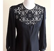 Vintage 70S Sewn Long Black Dress,Embroidered Floral Lace Dress,Long Sleeve Ceremonial Size US M Dress