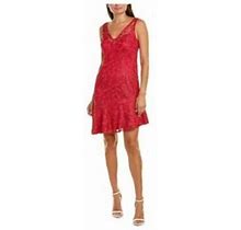 Adrianna Papell Womens Pink Lace Zippered Lined Asymmetrical Hem Sleeveless V Neck Short Evening Fit + Flare Dress 14