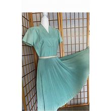 Amazing 50S Satin Dress With Pleated Skirt And Side Zipper Perfect For Business Or Pleasure In Soft Blue Green Color Of The Era.