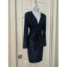 Alex Marie Stretch Navy Blue Low Cut Sequin Knotted Front Midi Dress