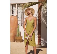 Green View And I Chartreuse Tie-Back Faux-Wrap Midi Dress | Womens | Small | 100% Polyester | Lulus | Backless Dresses | Some Stretch