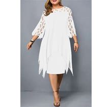Plus Size One Step Skirt Lace Dress 3/4 Length Sleeve Spring Fall Formal Work Dress Crew Neck Patchwork Dresses(White/6XL)
