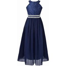 Iiniim Kids Lace Floral Flower Girls Dress Sequins Halter Chiffon Dress Long Maxi Junior Bridesmaid Gown A Navy Blue 10