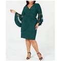 R&M Richards $89 Womens Green Sheer V Neck Bell Sleeve Sheath Dress 16W Plus