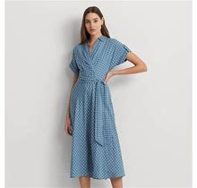 Ralph Lauren Polka-Dot Belted Crepe Dress - Size 14 in Blue/Cream