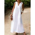 Women's White Dress Casual Dress Cotton Linen Dress Maxi Long Dress Pocket Basic Daily V Neck Sleeveless Summer Spring White Plain
