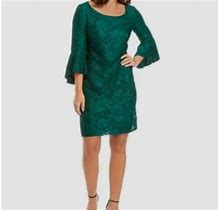 $89 Nine West Women's Green Long Floral Bell-Sleeve Lace Sheath Dress Size 4