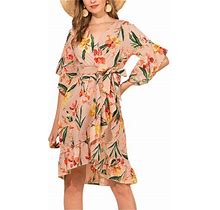 Amiliee Ladies V-Neck Belted Bohemian Floral Print Half Sleeve Wide Hemline Midi Dress