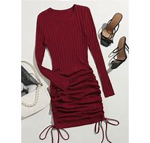 Rib-Knit Drawstring Ruched Bodycon Dress,L