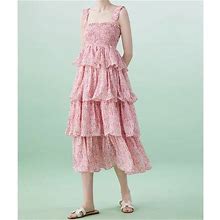 Pink Print Pleated Summer Dress For Women 2023 Suspender Seaside Holiday Ruffle Cake Midi Long Floral Dress One-Piece