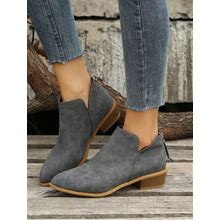 Gray Solid Color American Style High Heel Ankle Boots With Back Zipper,CN41