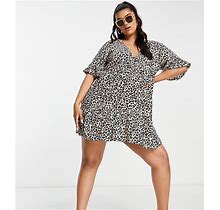 Influence Plus V Neck Beach Dress In Leopard Print-Brown - Brown (Size: 20)