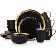 Stone Lain Porcelain 16 Piece Dinnerware Set, Service For 4, Black And Golden Rim
