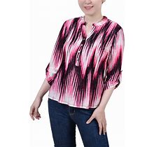 Ny Collection Petite 3/4 Roll Tab Sleeve Printed Pintuck Top - Pink Ligia - Size PL