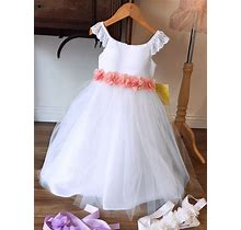 White Lace Sleeve Satin And Tulle Dress W/ Chiffon Flower Sash - Size: 6 | Pink Princess