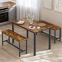 3Pcs/Set Dining Set, Industrial Rustic Brown Wooden Table And 2 Benches With Black Steel Frame, Kitchen Counter Setup For Living Room, Party,By Temu