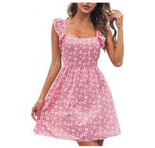 Hot6sl Dresses For Women 2024 Casual, Women Fashion Summer Casual Sexy Floral Printing Strap Holiday Square Neck Backless Lace-Up Chiffon Dress Hot8sl