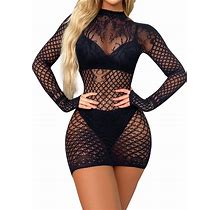 ACSUSS Womens Fishnet Bodycon Dress Mock Neck Long Sleeve Hollow Out Backless Mini Dress Nightwear Black One Size