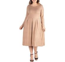 24Seven Comfort Apparel Women's Plus Size Long Sleeve Fit-And-Flare Midi Dress, Beige