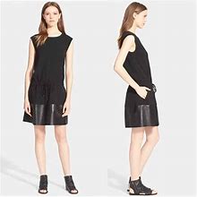 Vince Sleeveless Drawstring Waist Mini Dress Contrast Leather Black Size: XXS