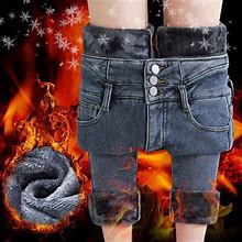 Boomilk High Waisted Jeans For Women Plus Size Winter Warm Fleece Lined Denim Pants Loose Straight Jeans Blue