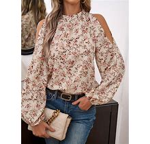Women Off-Shoulder Lantern Sleeve Casual Shirt With Small Floral Print For Spring/Summer,XL