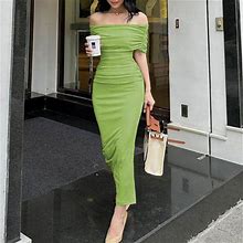 Beeyaso Dresses For Women Solid Ankle Length Sheath Short Sleeve Clearance Off-The-Shoulder Summer Dress Green XL