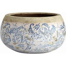 Isela Modern Classic Blue Accent White Crackle Terracotta Round Planter - Large | Kathy Kuo Home