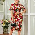 Shein Dresses | Euc Shein Burgundy Midi Dress With Floral Print. Size 2X. | Color: Orange/Red | Size: 2X